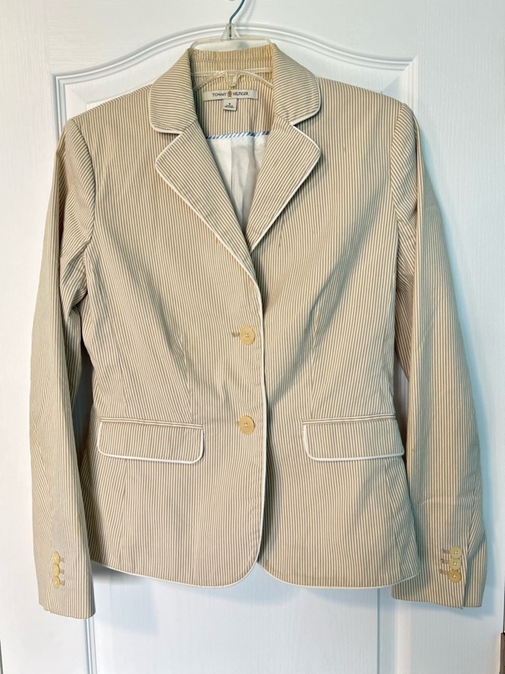 Vintage 2006 Tommy Hilfiger Seersucker Blazer Women’s Size 6 Tan and White Rare